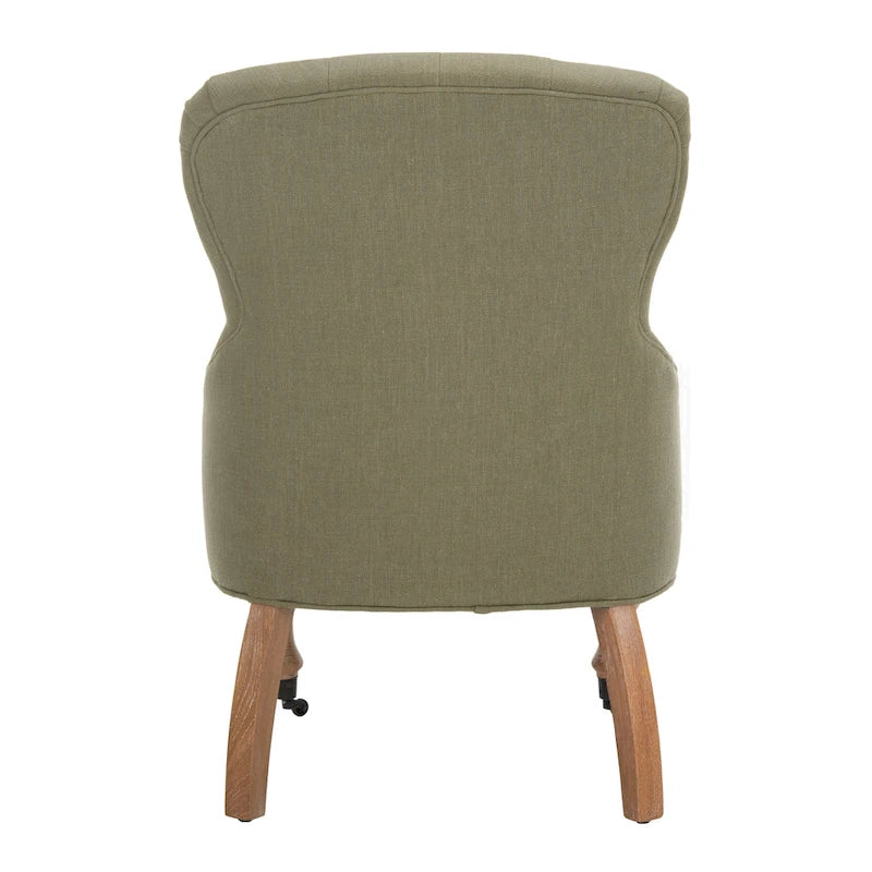 Tufted Beige Petite Arm Chair with Casters and Cherry Mahogany Legs