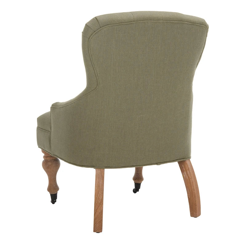 Tufted Beige Petite Arm Chair with Casters and Cherry Mahogany Legs