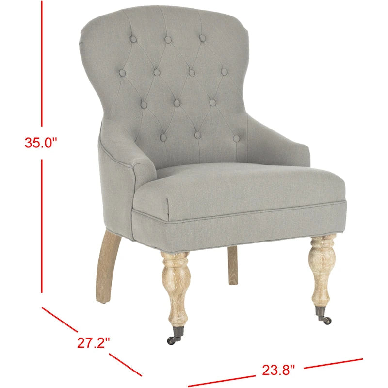 Tufted Beige Petite Arm Chair with Casters and Cherry Mahogany Legs
