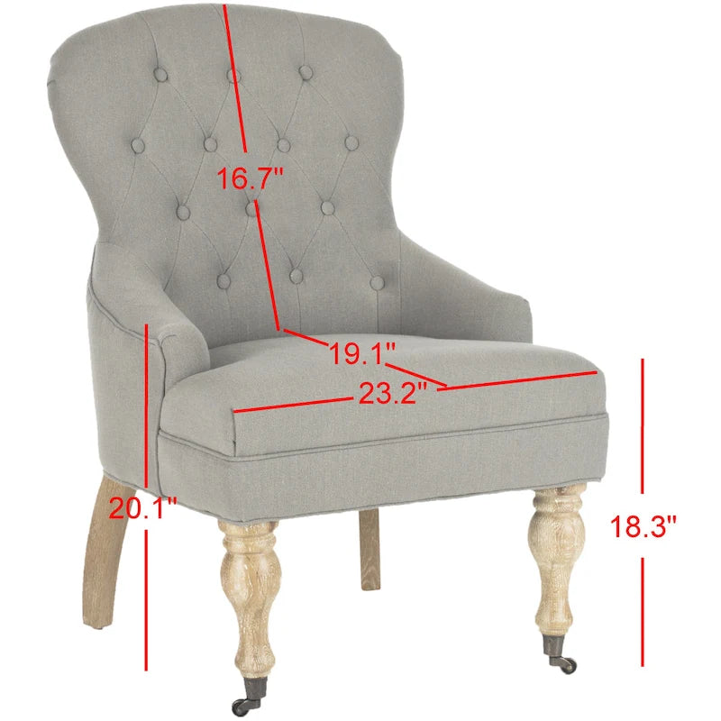 Tufted Beige Petite Arm Chair with Casters and Cherry Mahogany Legs