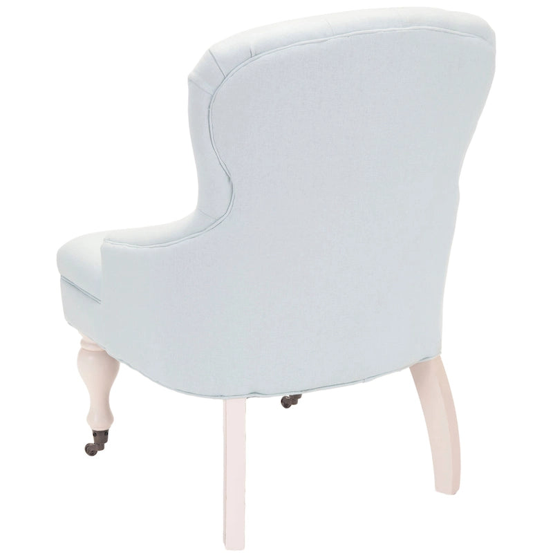 Tufted Beige Petite Arm Chair with Casters and Cherry Mahogany Legs