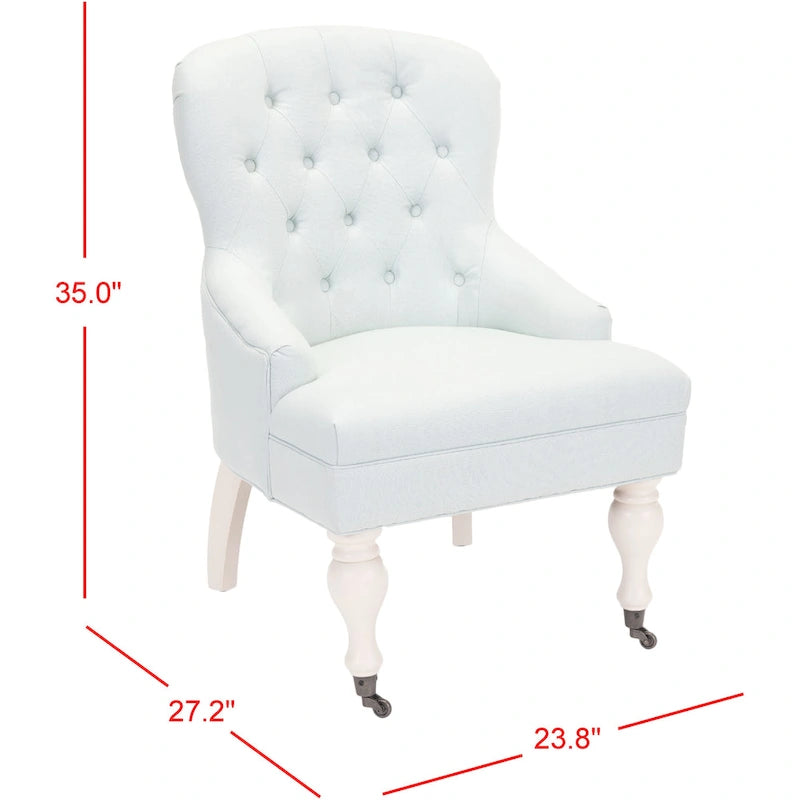 Tufted Beige Petite Arm Chair with Casters and Cherry Mahogany Legs