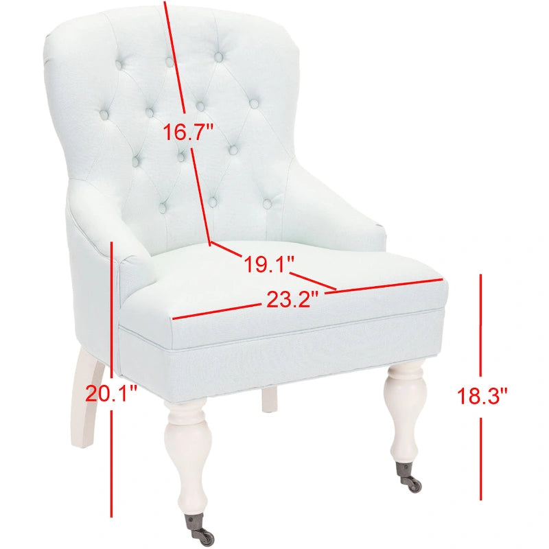 Tufted Beige Petite Arm Chair with Casters and Cherry Mahogany Legs