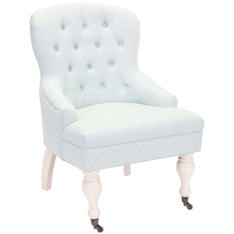 Tufted Beige Petite Arm Chair with Casters and Cherry Mahogany Legs