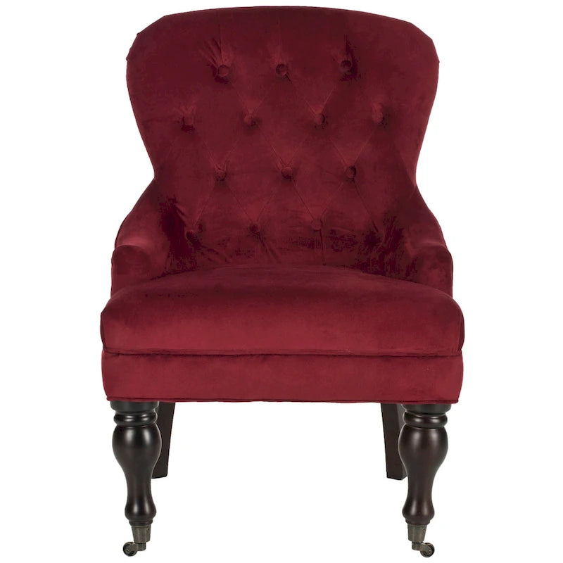 Tufted Beige Petite Arm Chair with Casters and Cherry Mahogany Legs
