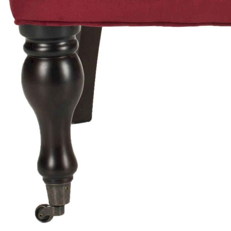 Tufted Beige Petite Arm Chair with Casters and Cherry Mahogany Legs