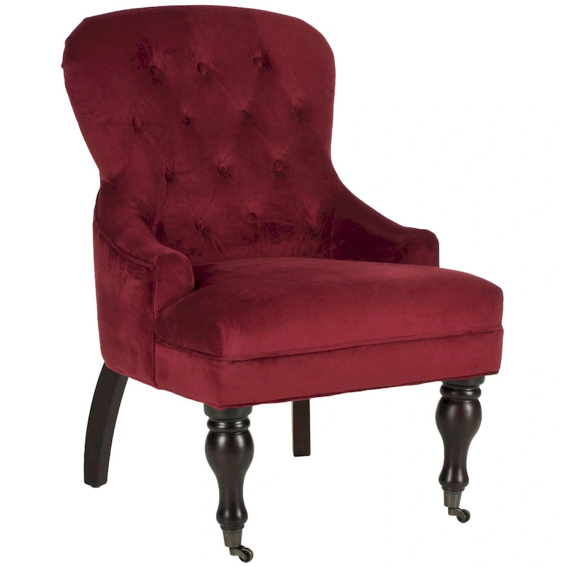 Tufted Beige Petite Arm Chair with Casters and Cherry Mahogany Legs