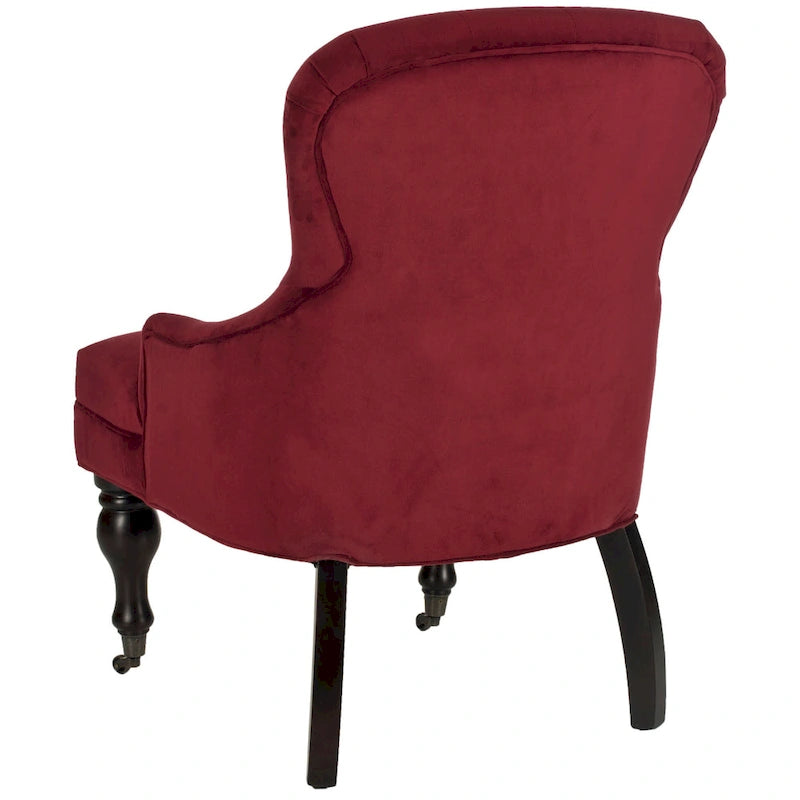 Tufted Beige Petite Arm Chair with Casters and Cherry Mahogany Legs
