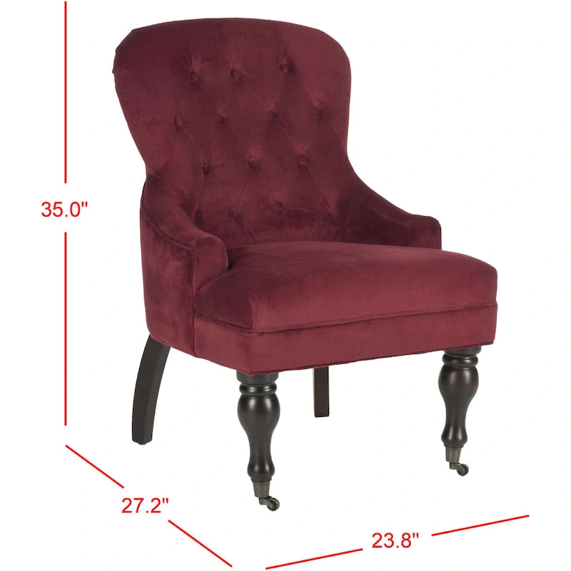 Tufted Beige Petite Arm Chair with Casters and Cherry Mahogany Legs