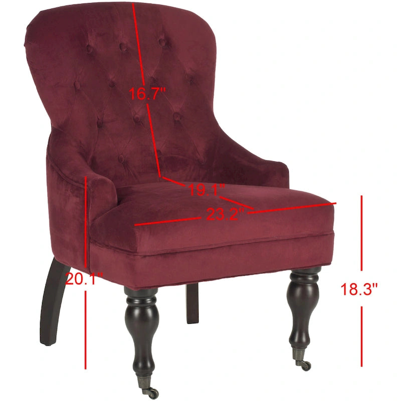 Tufted Beige Petite Arm Chair with Casters and Cherry Mahogany Legs