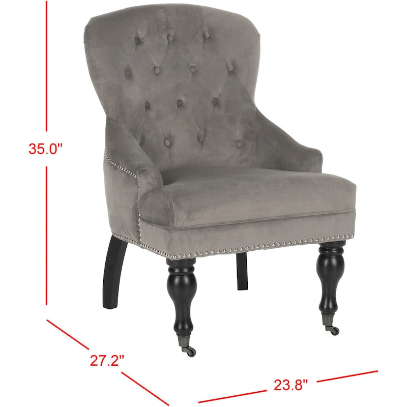 Tufted Beige Petite Arm Chair with Casters and Cherry Mahogany Legs