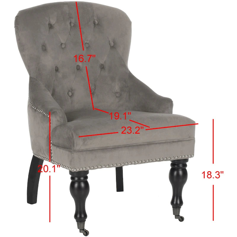 Tufted Beige Petite Arm Chair with Casters and Cherry Mahogany Legs