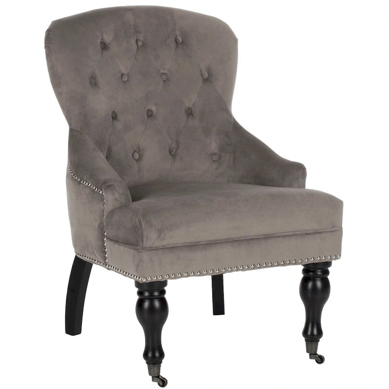 Tufted Beige Petite Arm Chair with Casters and Cherry Mahogany Legs