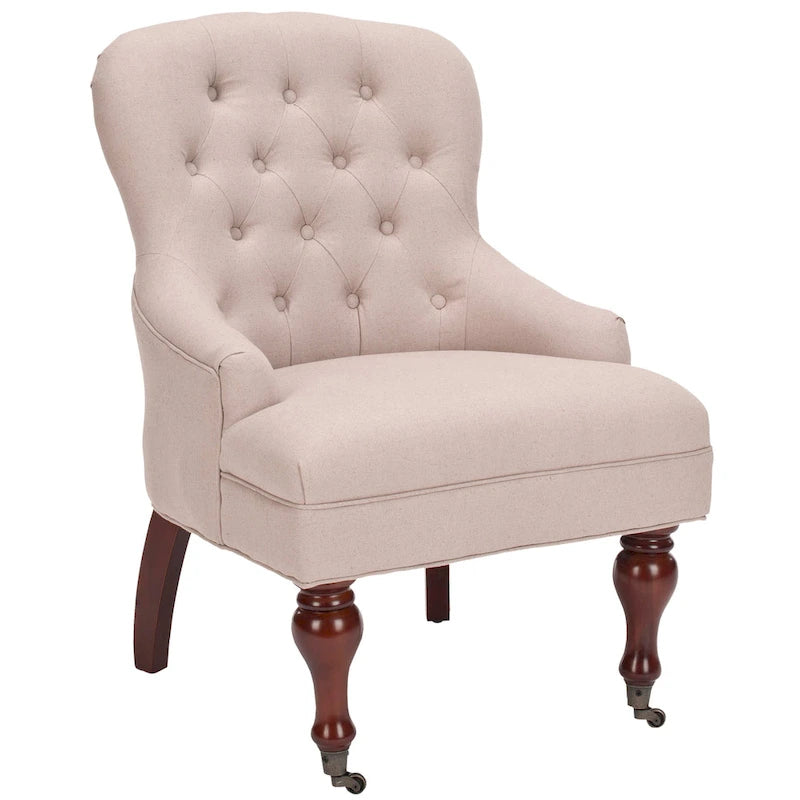 Tufted Beige Petite Arm Chair with Casters and Cherry Mahogany Legs