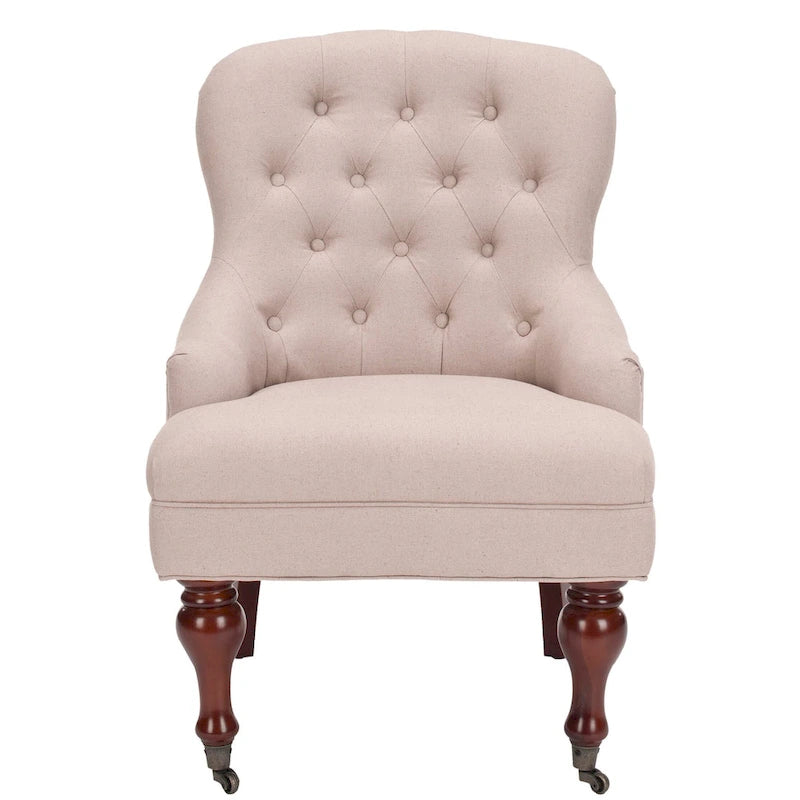 Tufted Beige Petite Arm Chair with Casters and Cherry Mahogany Legs