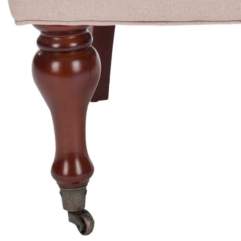 Tufted Beige Petite Arm Chair with Casters and Cherry Mahogany Legs