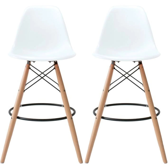 Set of 2 Modern Armless Plastic Counter Bar Stools with Natural Wood Eiffel Dowel Legs