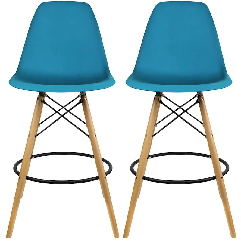 Set of 2 Modern Armless Plastic Counter Bar Stools with Natural Wood Eiffel Dowel Legs