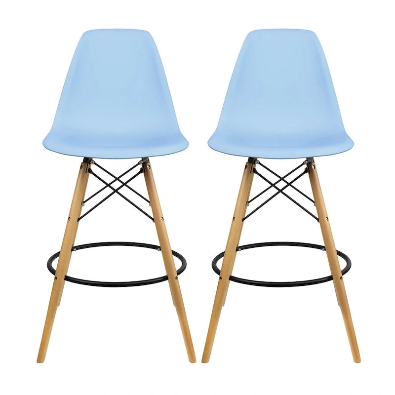 Set of 2 Modern Armless Plastic Counter Bar Stools with Natural Wood Eiffel Dowel Legs