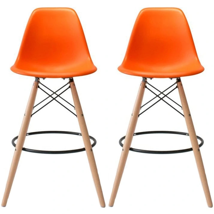 Set of 2 Modern Armless Plastic Counter Bar Stools with Natural Wood Eiffel Dowel Legs