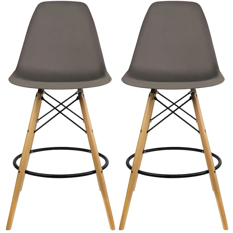 Set of 2 Modern Armless Plastic Counter Bar Stools with Natural Wood Eiffel Dowel Legs