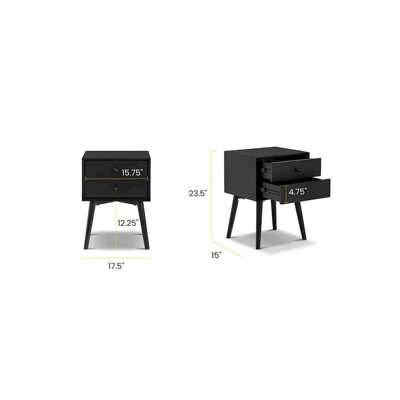 Mid-Century Modern 2-Drawer Nightstand with Beveled Edge Detail