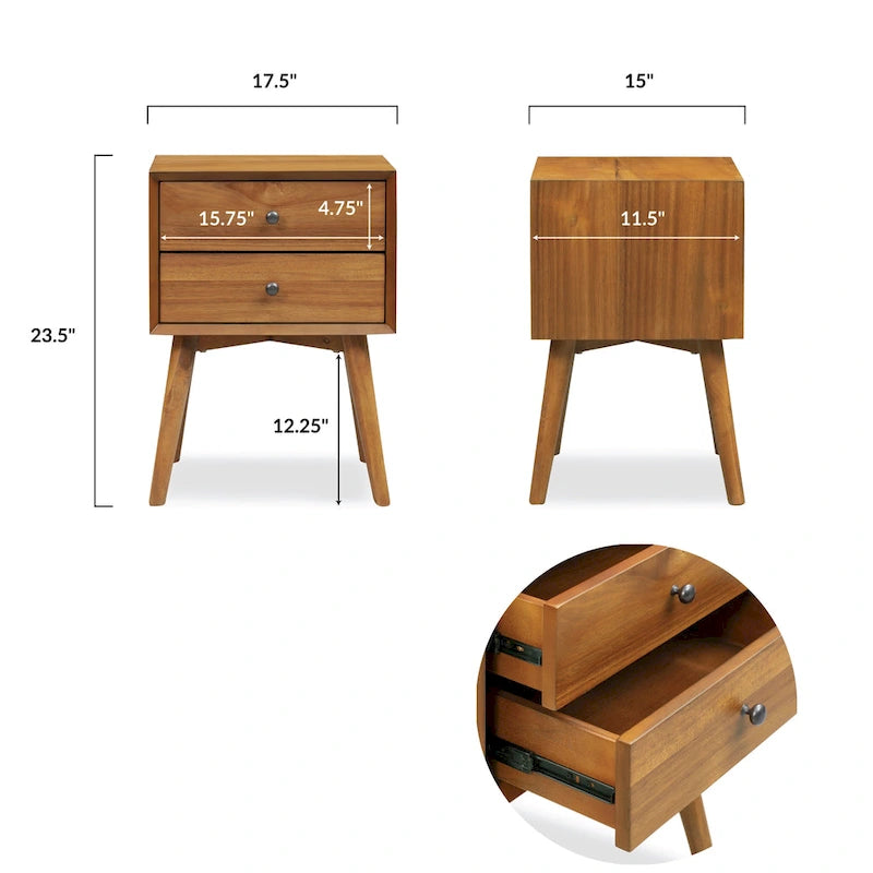 Mid-Century Modern 2-Drawer Nightstand with Beveled Edge Detail