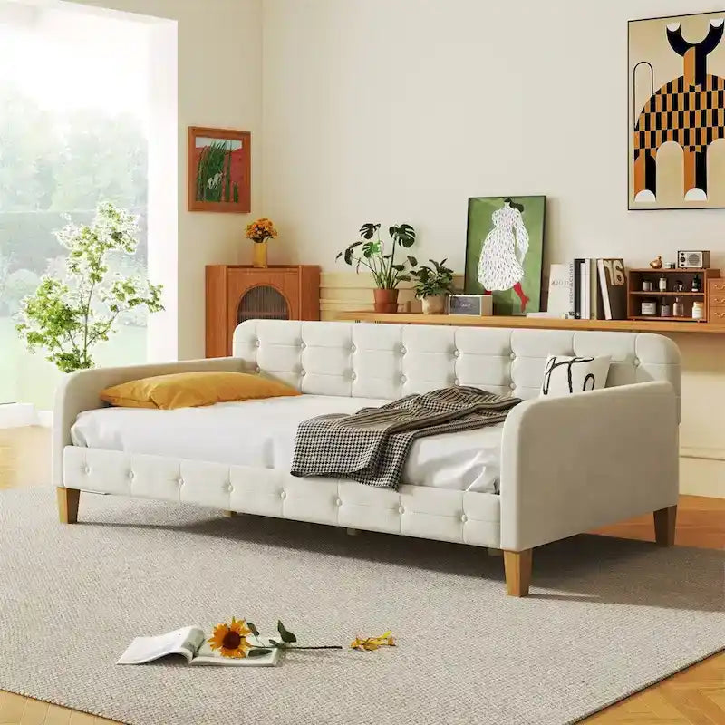 Twin Size Upholstered Daybed with Tufted Velvet Fabric and 4 Wood Support Legs
