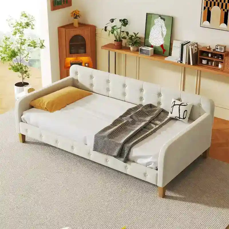 Twin Size Upholstered Daybed with Tufted Velvet Fabric and 4 Wood Support Legs