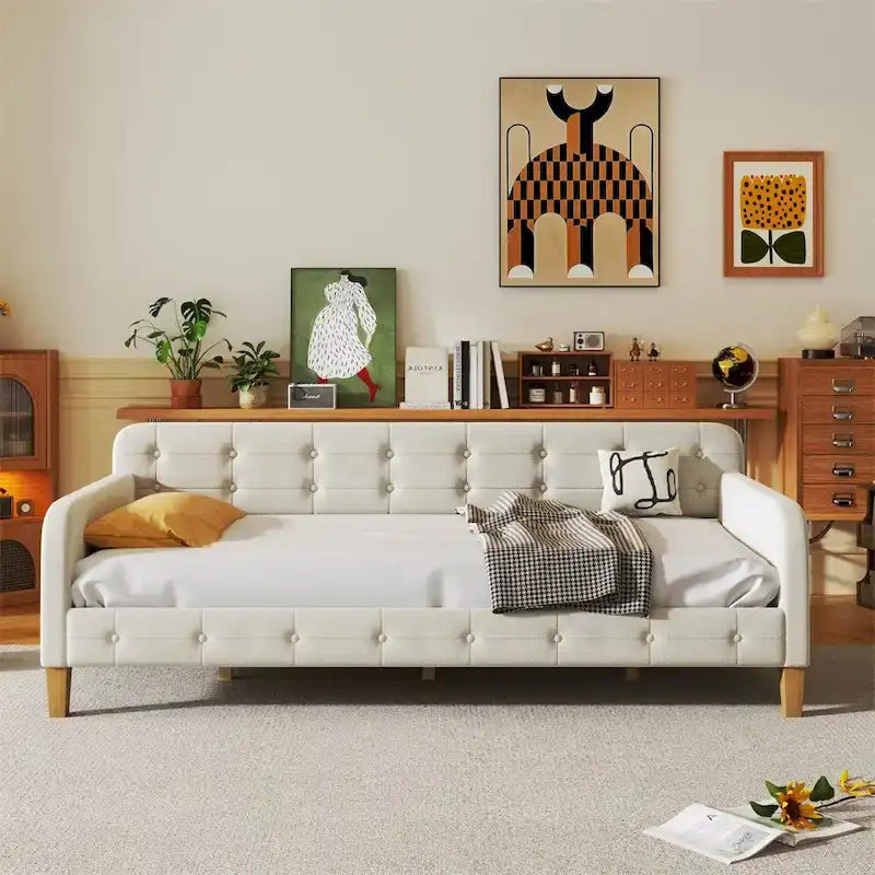 Twin Size Upholstered Daybed with Tufted Velvet Fabric and 4 Wood Support Legs
