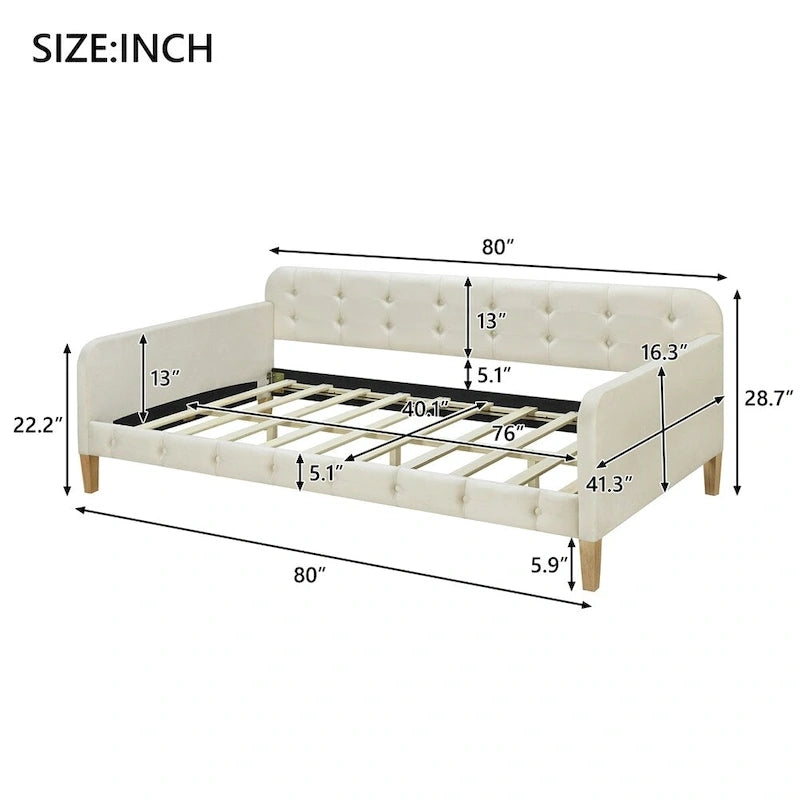 Twin Size Upholstered Daybed with Tufted Velvet Fabric and 4 Wood Support Legs