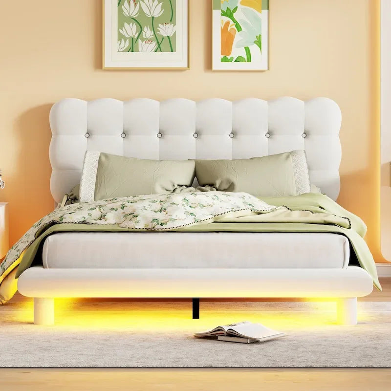 Queen Size Velvet Platform Bed with LED Frame and Button-Tufted Headboard
