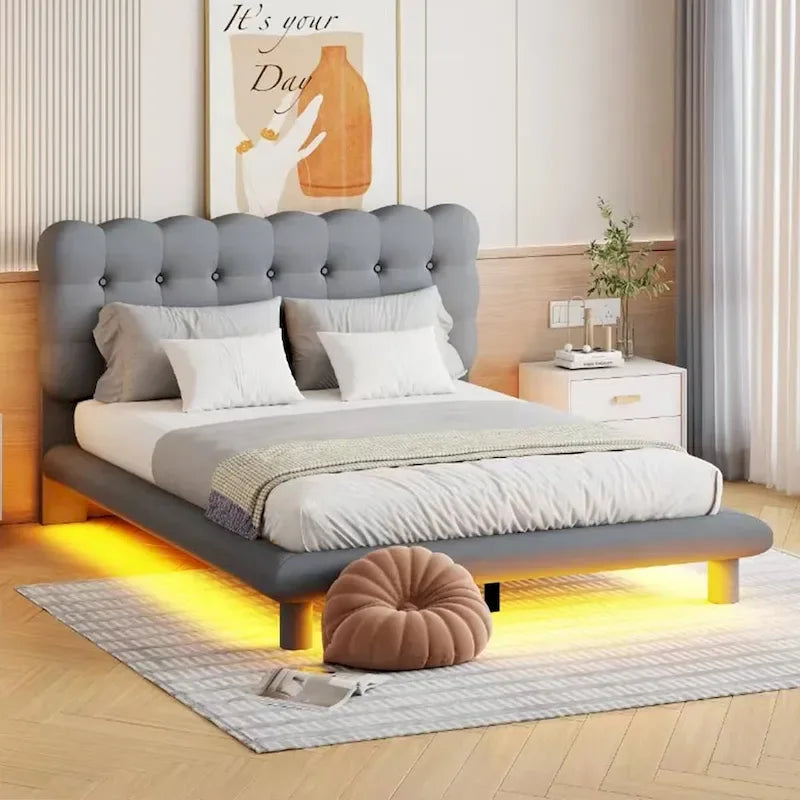 Queen Size Velvet Platform Bed with LED Frame and Button-Tufted Headboard