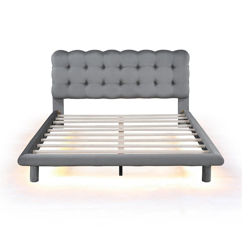 Queen Size Velvet Platform Bed with LED Frame and Button-Tufted Headboard