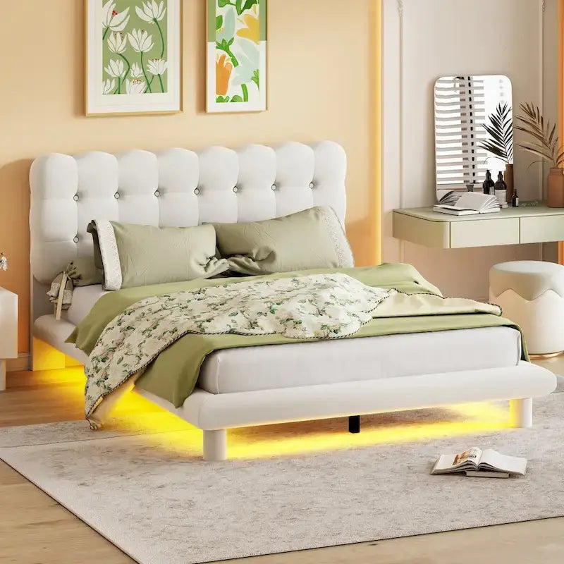 Queen Size Velvet Platform Bed with LED Frame and Button-Tufted Headboard