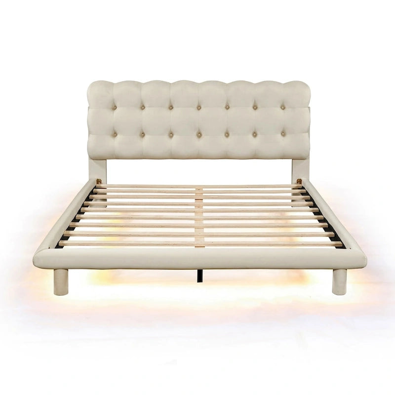 Queen Size Velvet Platform Bed with LED Frame and Button-Tufted Headboard