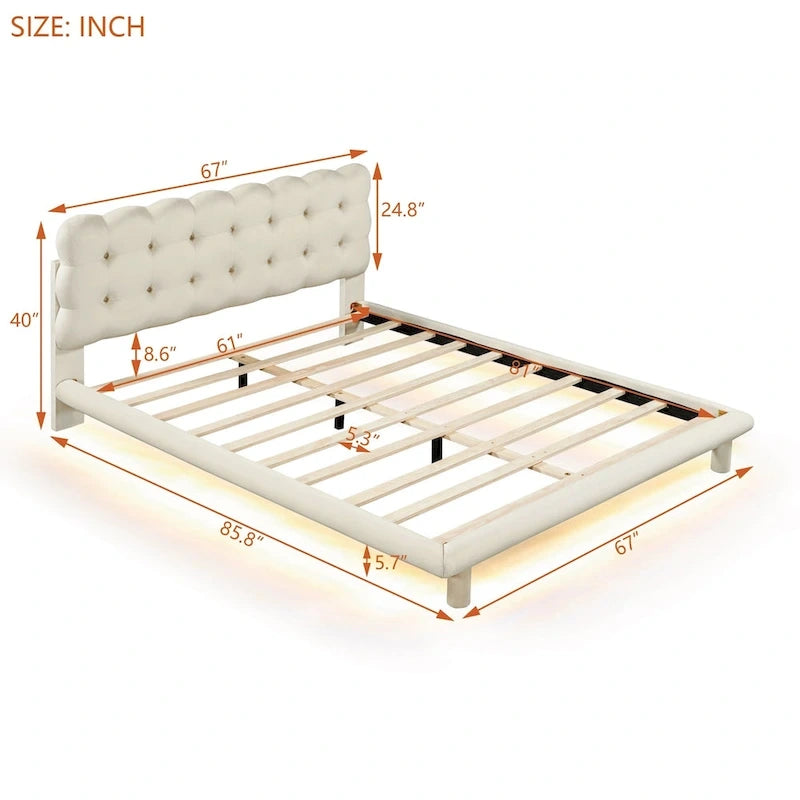 Queen Size Velvet Platform Bed with LED Frame and Button-Tufted Headboard
