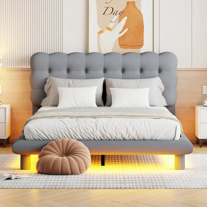 Queen Size Velvet Platform Bed with LED Frame and Button-Tufted Headboard