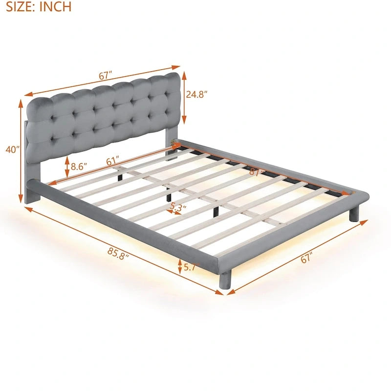 Queen Size Velvet Platform Bed with LED Frame and Button-Tufted Headboard