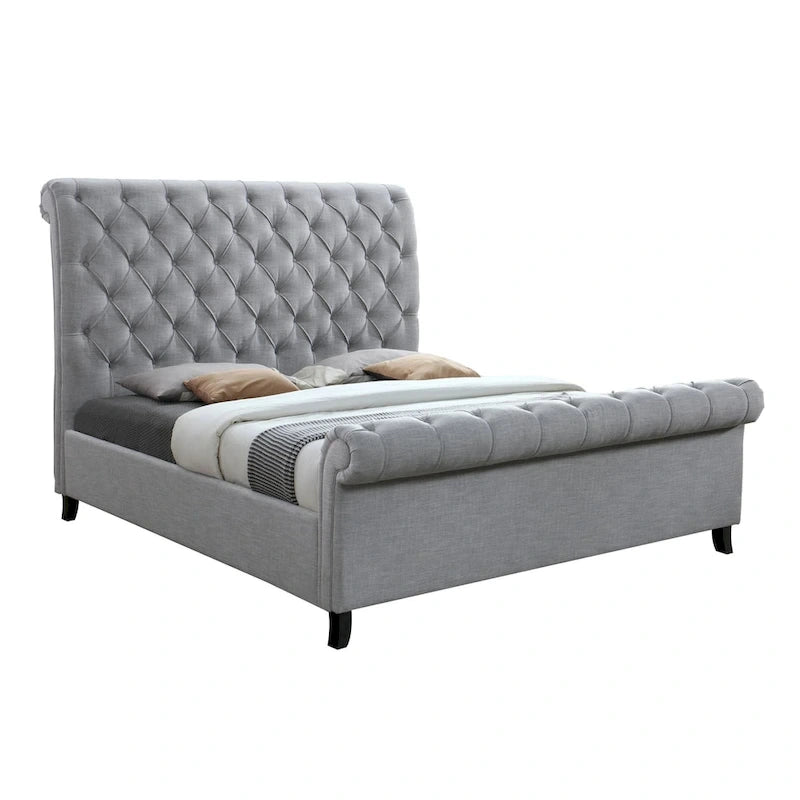 Queen Size Bed Tufted Upholstered Rolled Top Headboard Gray