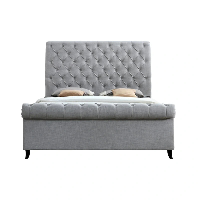 Queen Size Bed Tufted Upholstered Rolled Top Headboard Gray