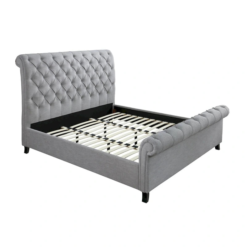 Queen Size Bed Tufted Upholstered Rolled Top Headboard Gray