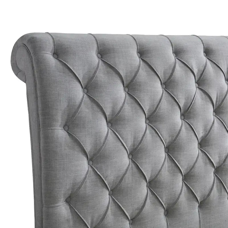 Queen Size Bed Tufted Upholstered Rolled Top Headboard Gray