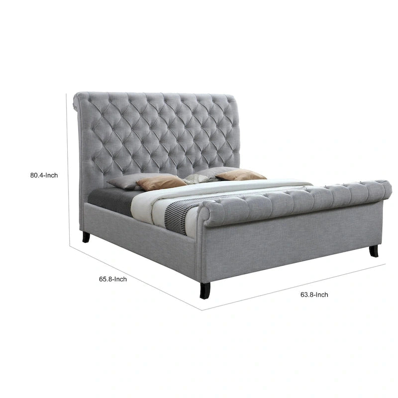 Queen Size Bed Tufted Upholstered Rolled Top Headboard Gray
