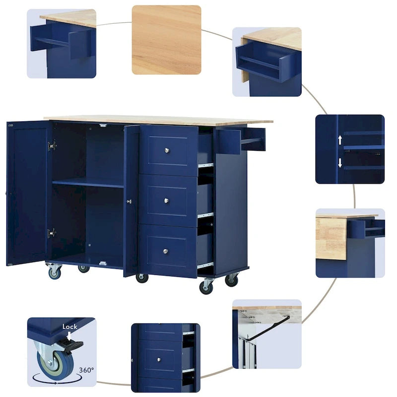 Rolling Mobile Kitchen Island with Drop Leaf, Solid Wood Top and Locking Wheels