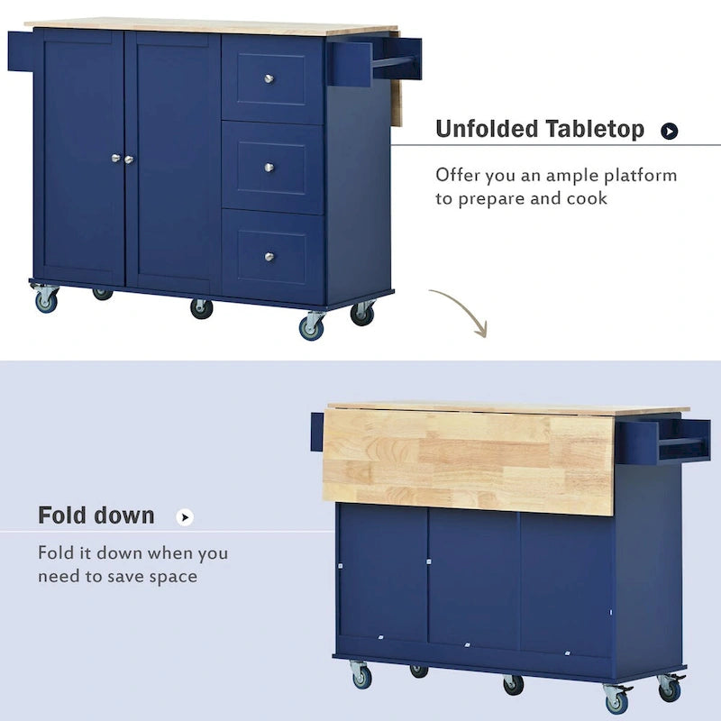 Rolling Mobile Kitchen Island with Drop Leaf, Solid Wood Top and Locking Wheels