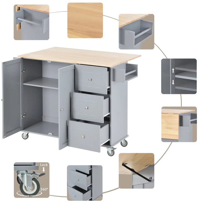 Rolling Mobile Kitchen Island with Drop Leaf, Solid Wood Top and Locking Wheels