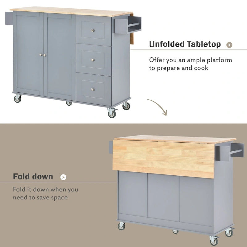Rolling Mobile Kitchen Island with Drop Leaf, Solid Wood Top and Locking Wheels