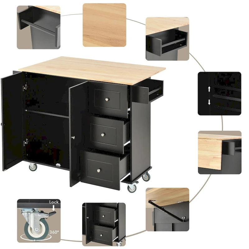 Rolling Mobile Kitchen Island with Drop Leaf, Solid Wood Top and Locking Wheels