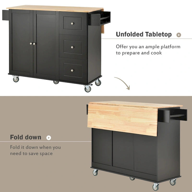 Rolling Mobile Kitchen Island with Drop Leaf, Solid Wood Top and Locking Wheels